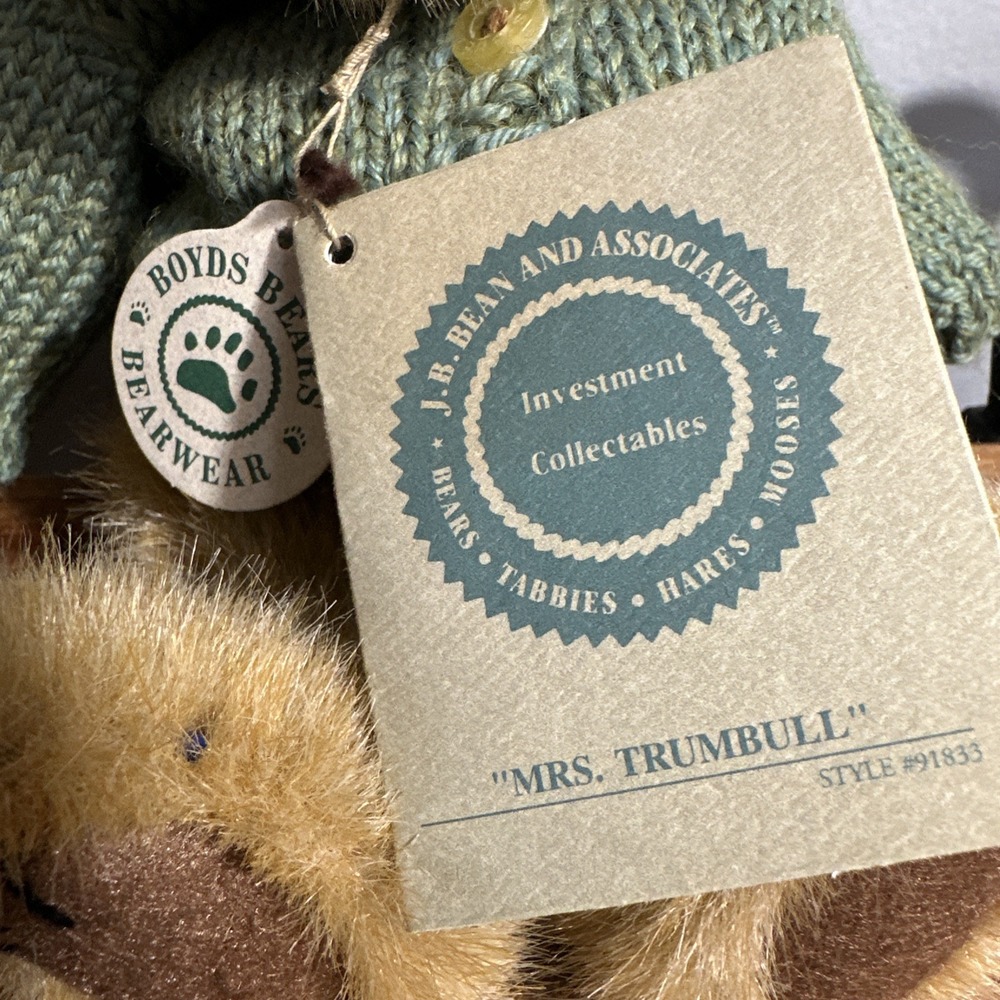 Vintage Boyds Bears Mrs Trumbull #91833 w Hat‎ and Green Sweater Plush w/ tags - Picture 4 of 9